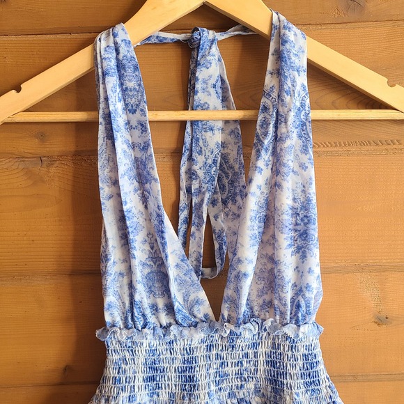 Anthropologie Saylor Blue Holly Dress Halter Criss Cross Back Smocked Large Boho - Picture 5 of 6